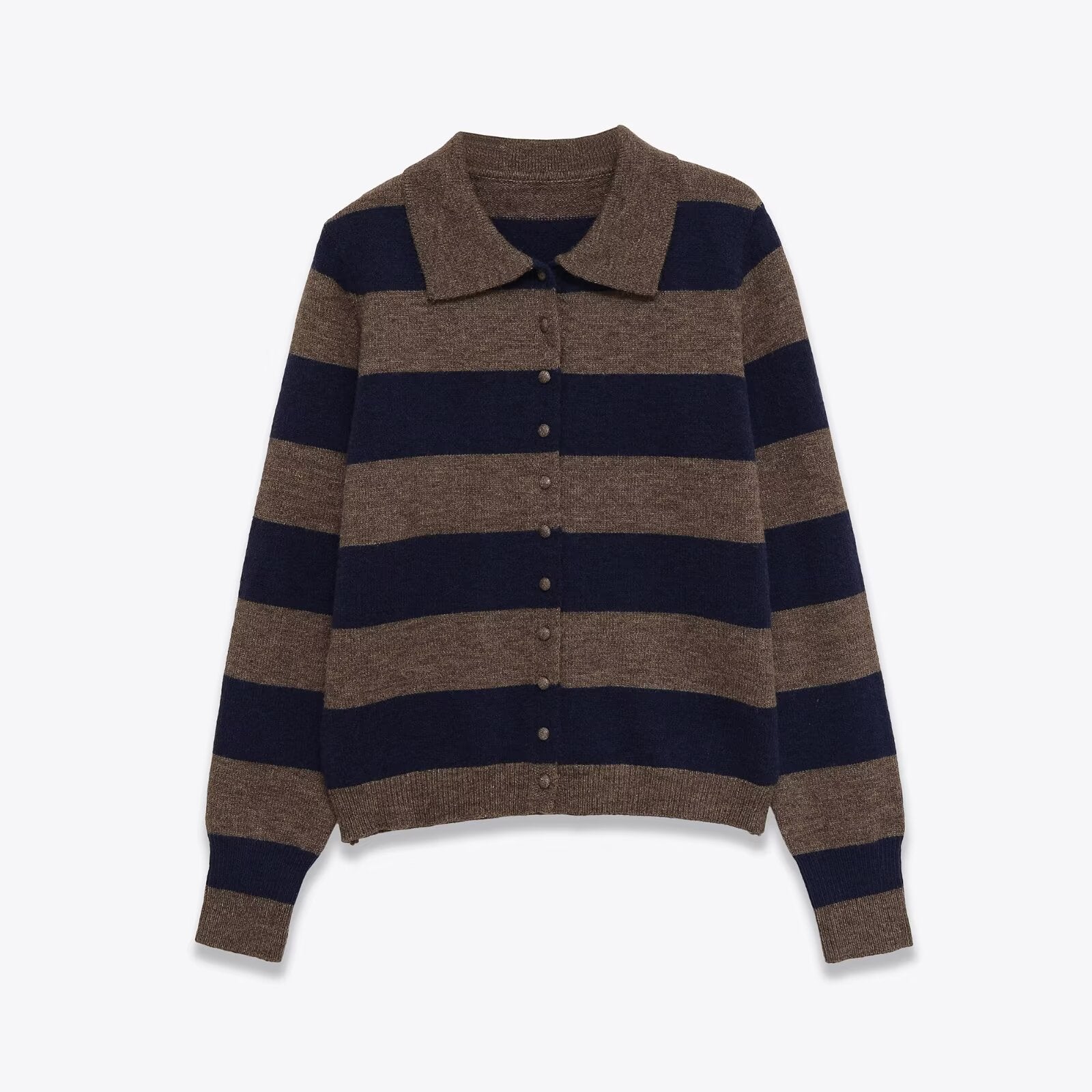 Women's Striped Cardigan with Polo Collar and Button Placket Chichicherry