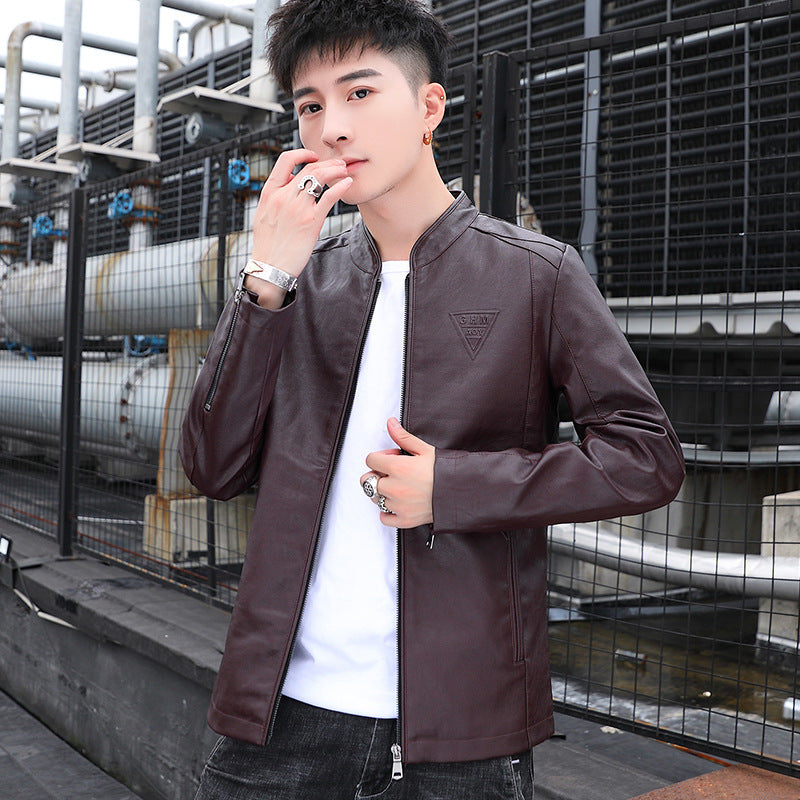 Men's slim-fit faux leather motorcycle jacket with minimalist stand-up collar and zipper detail Chichicherry