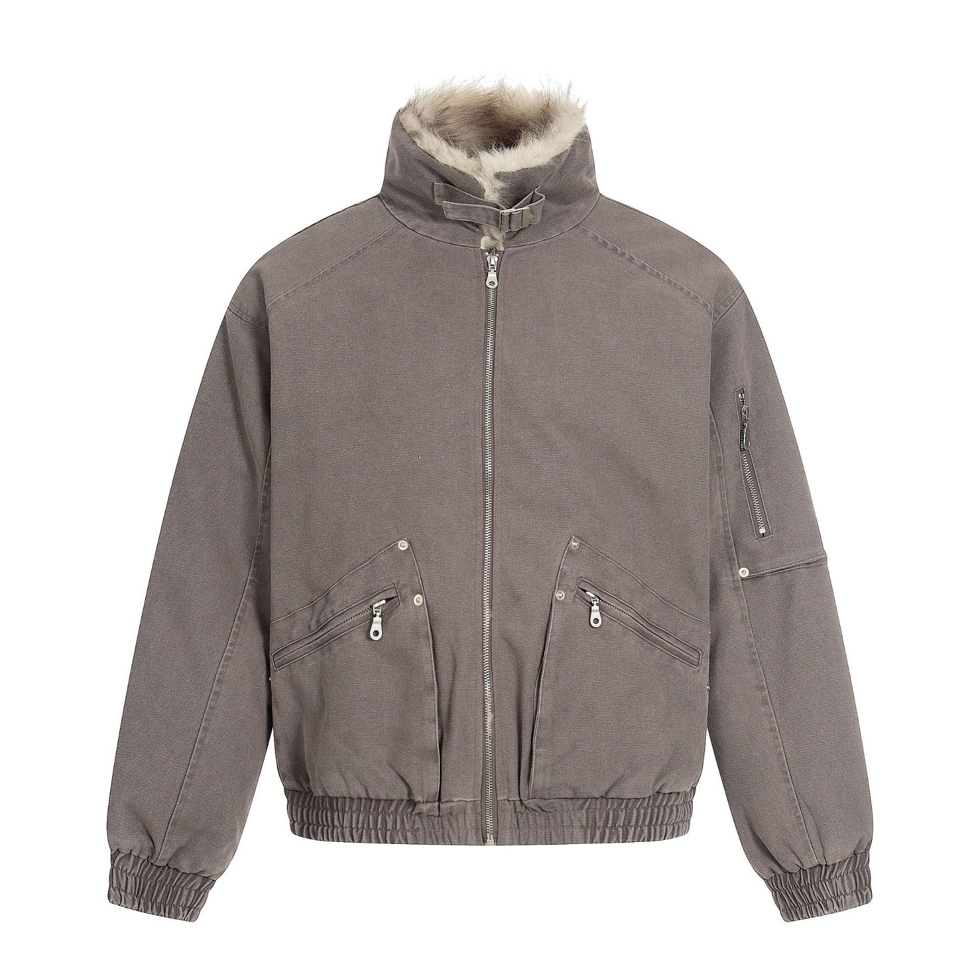 Men's Oversized Bomber Jacket in Vintage Canvas Look with Faux Fur Lined Stand Collar Chichicherry