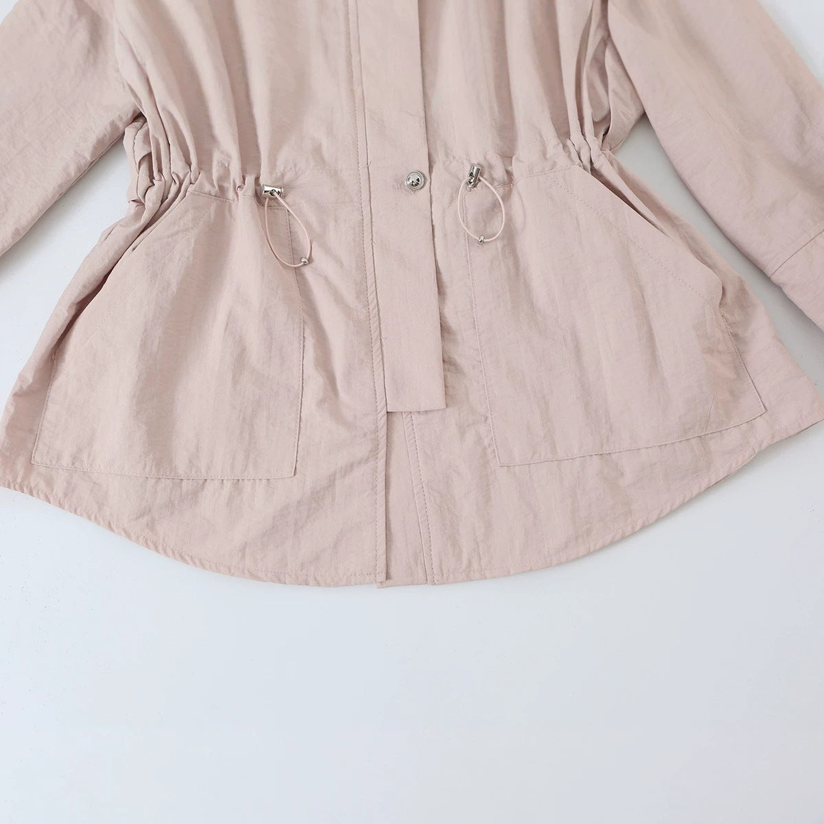 Women's Tailored Windbreaker with Drawstring, Stand Collar and Balloon Sleeves Chichicherry
