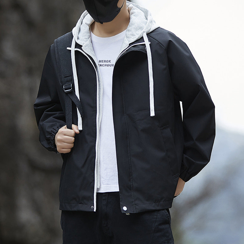 Men's Lightweight Hooded Rain Jacket in Bomber Style with Concealed Zipper and Elastic Cuffs Chichicherry