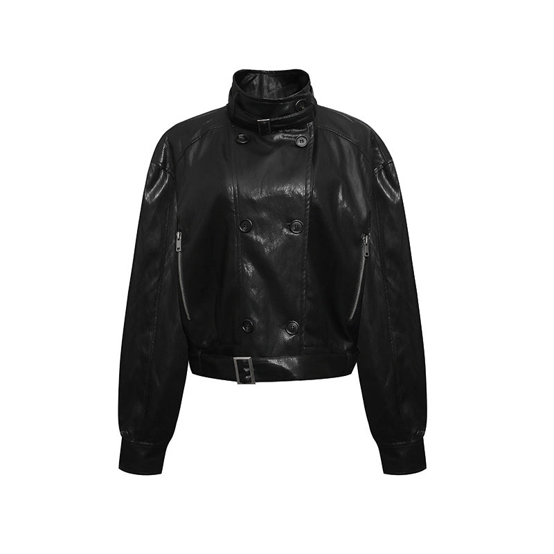Women short double-breasted leather jacket with stand collar and waist belt Chichicherry