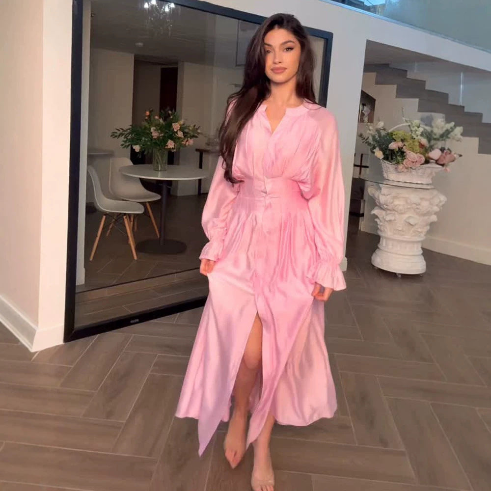 Women's maxi dress made of satin with fitted gathering, stand-up collar and front slit Chichicherry