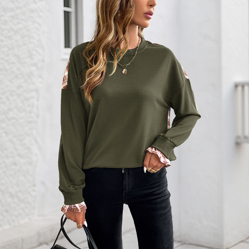 Women's Casual Round Neck Sweatshirt with Check Pattern Inserts and Gathered Cuffs Chichicherry