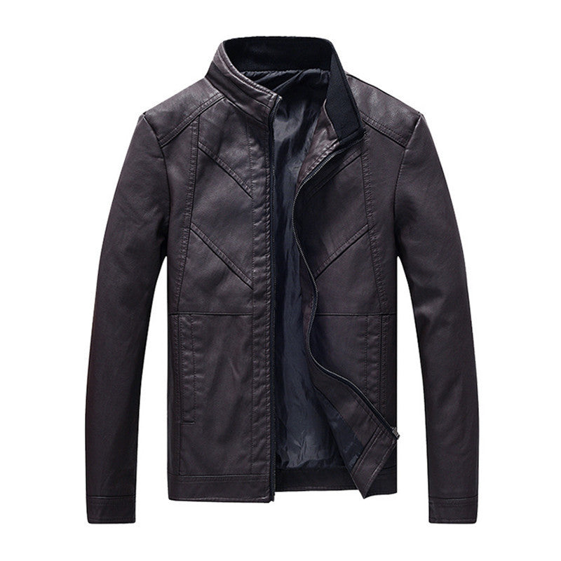 Men's slim faux leather moto jacket with stand collar, ergonomic seam construction, and lightweight thermal lining Chichicherry