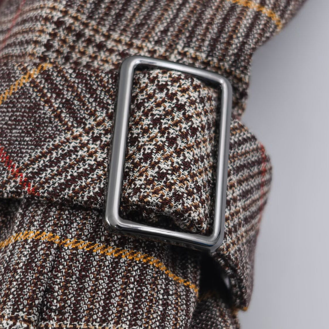 Ladies Short Double-Breasted Tailored Check Jacket with Stand Collar and Waist Straps Chichicherry