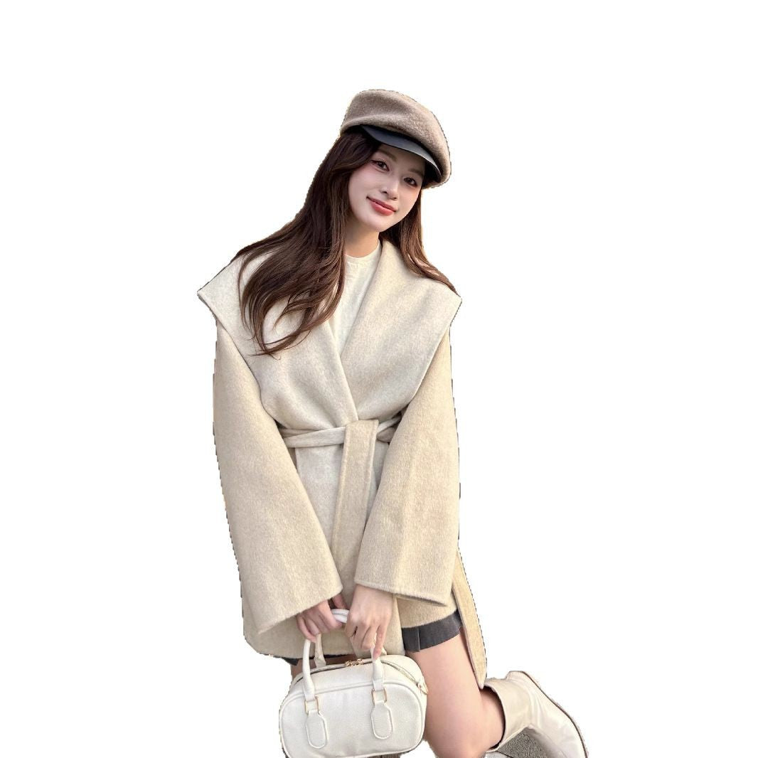 Women Short Wool Coat with Tie Belt and Oversized Shawl Collar Chichicherry