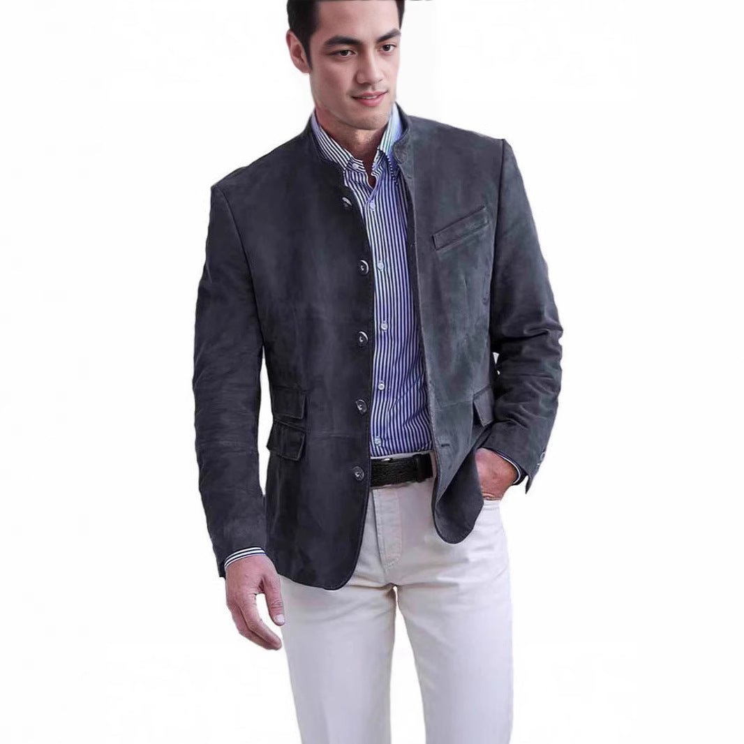 Men's Suede Blazer with Stand-up Collar and Flap Pockets Chichicherry