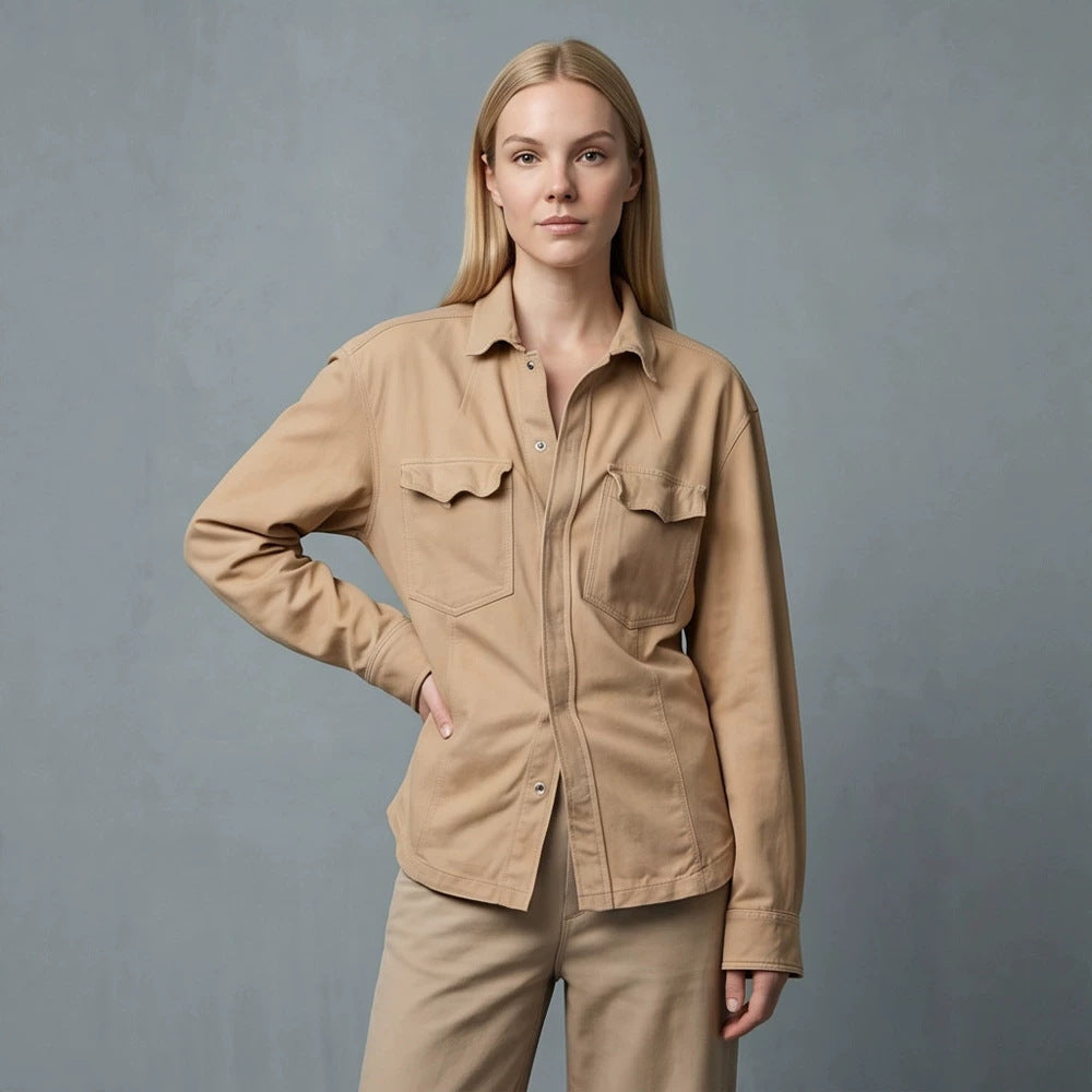 Women’s Utility Shirt Jacket with Patch Pockets and Relaxed Fit Chichicherry