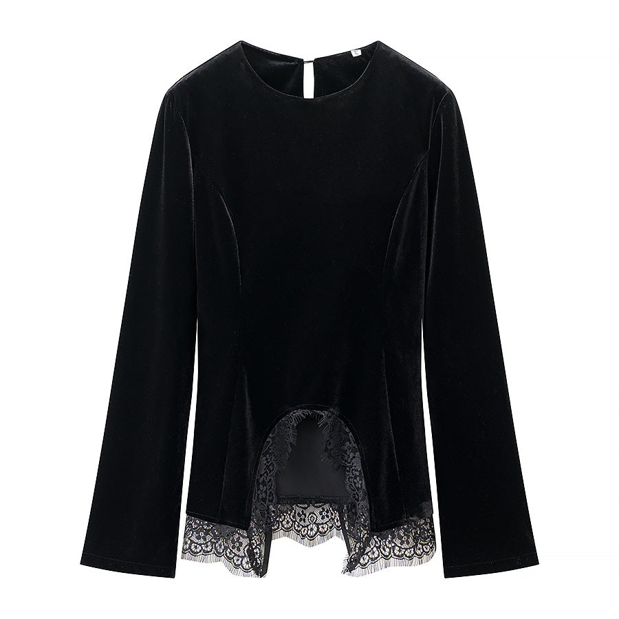 Women's velvet blouse with lace insert and asymmetrical lace hem Chichicherry