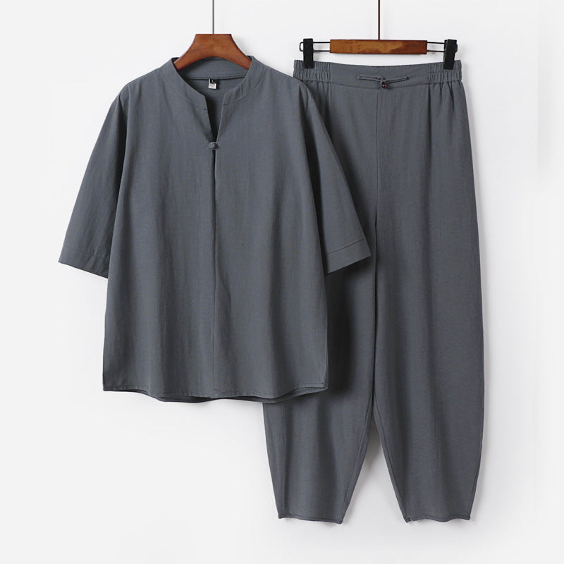Men's Two-Piece Lightweight Linen-Cotton Set with Mandarin Collar and Elastic Waist Pants Chichicherry