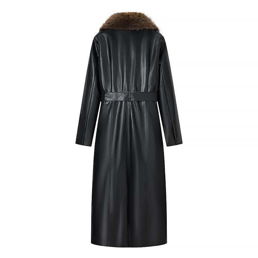 Women Long Leather Coat with Removable Fur Collar and Minimalist Silhouette Chichicherry