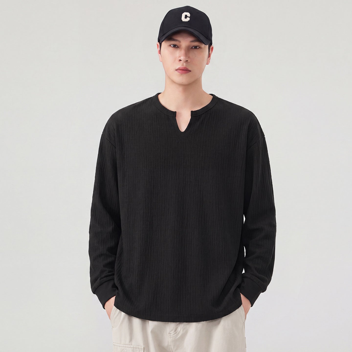 Men's Loose Long Sleeve Shirt with V-Notch Collar and Textured Cotton Blend Chichicherry