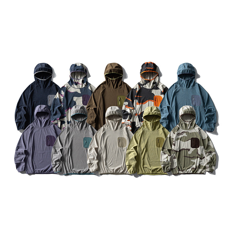 Unisex Lightweight Technical Hooded Pullover Wind Jacket with Chest Zipper Pocket and Elastic Hem Chichicherry