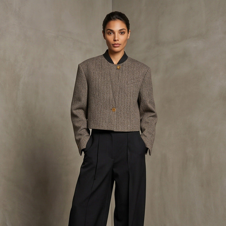 Ladies Short Cut Wool Blazer with Stand-up Collar and Herringbone Pattern Chichicherry