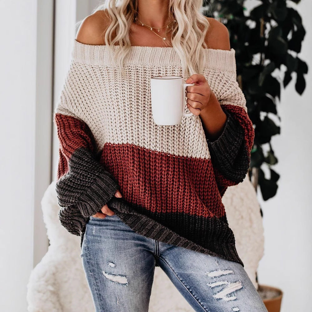 Women's Off-shoulder Oversize Block Stripe Knit Sweater Chichicherry