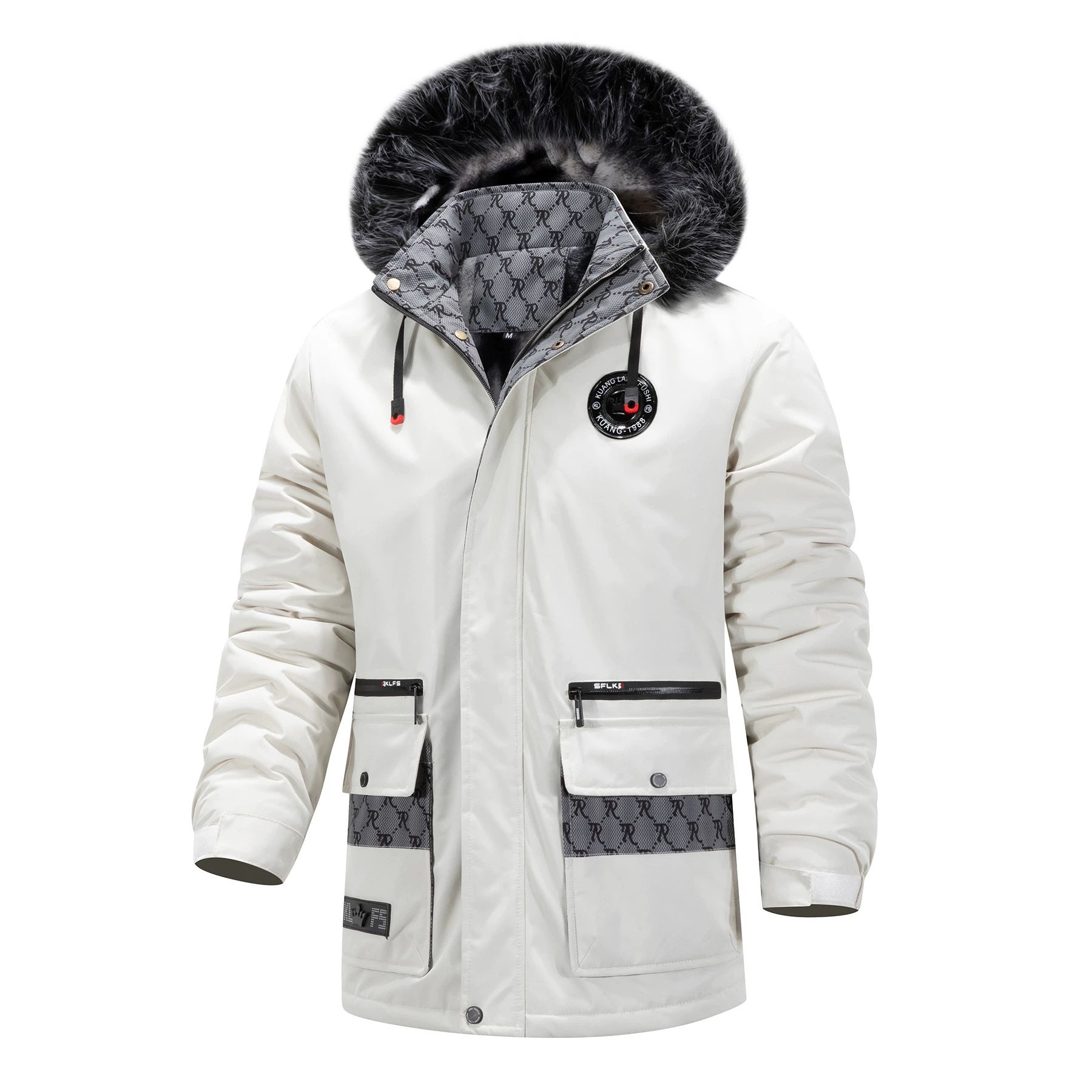 Men's Long Thermal Parka with Hood, Logo Lining and Multifunctional Pockets Chichicherry