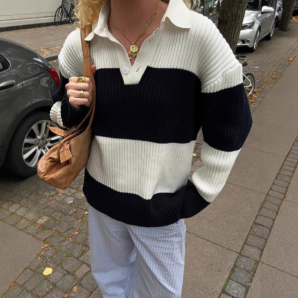 Women's Chunky Ribbed Oversized Polo Knit Sweater with Kent Collar and Block Stripes Chichicherry