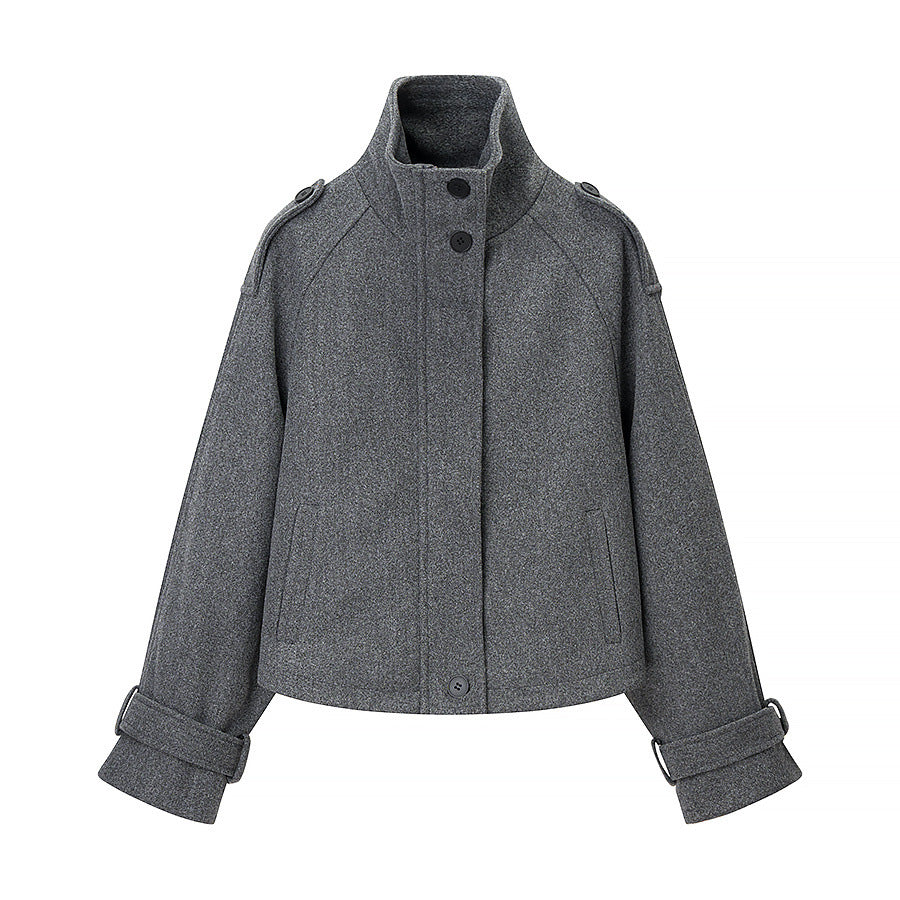 Women's short cut wool blend cropped jacket with stand-up collar, epaulettes, and adjustable sleeve straps Chichicherry