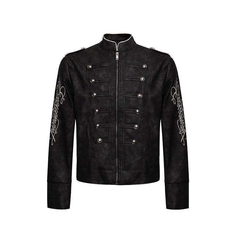 Men's military-inspired leather jacket with stand-up collar, decorative button rows, and embroidered sleeves Chichicherry