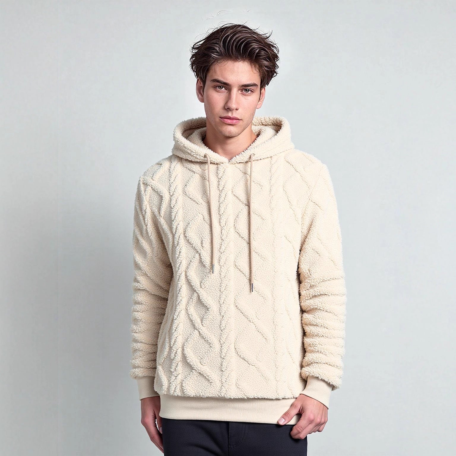 Men's teddy fleece hoodie with diamond structure, lined hood, and soft ribbed cuffs Chichicherry