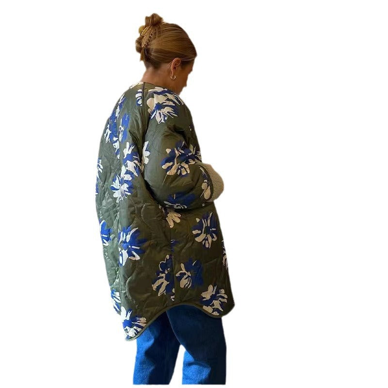 Ladies Padded Quilted Coat with Floral Allover Print and Teddy Lining Chichicherry