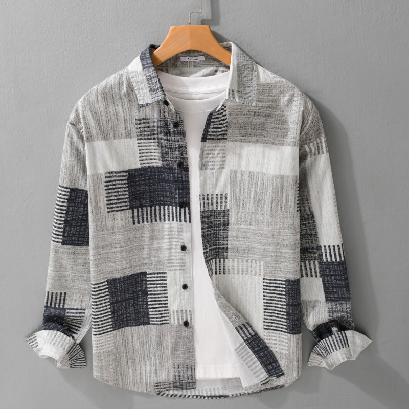 Men's Patterned Long Sleeve Shirt in Patchwork Look made of Light Cotton Mix Relaxed Fit Chichicherry