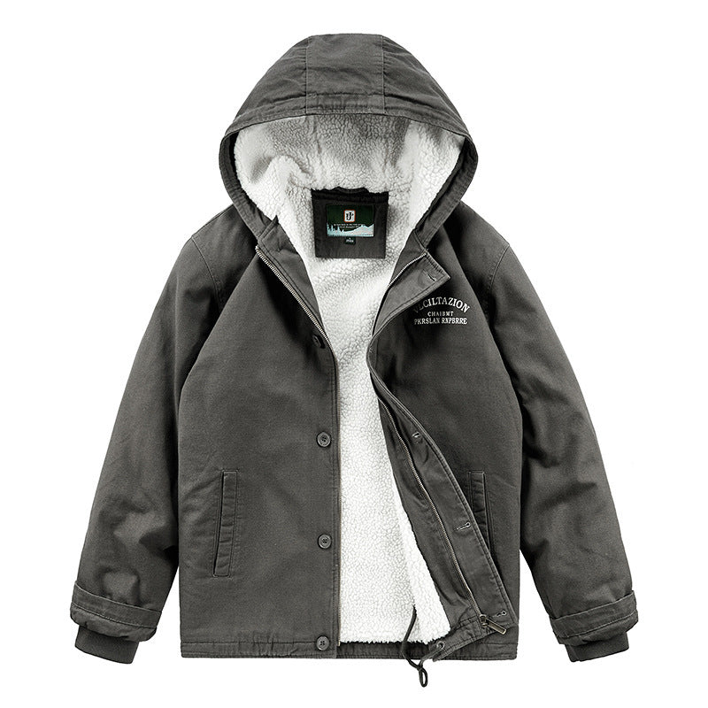 Men's Hooded Canvas Parka with Teddy Fleece Lining and Wind Protection Placket Chichicherry