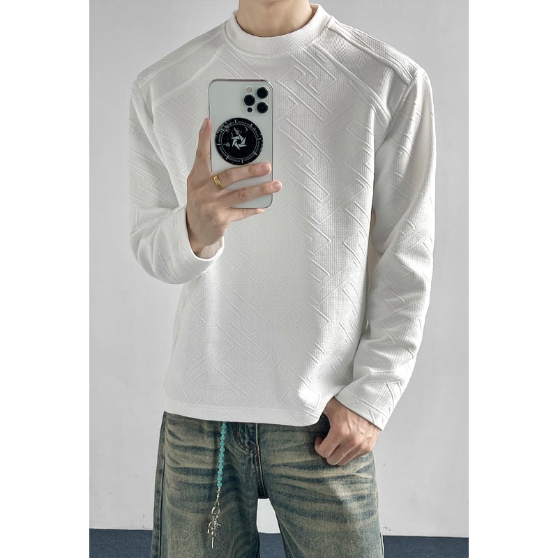 Men's Structured Long Sleeve Shirt with Stand-Up Collar and Geometric Relief Pattern Chichicherry