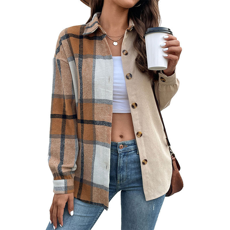 Women's shirt jacket in two-tone check and corduroy mix with oversized cut Chichicherry