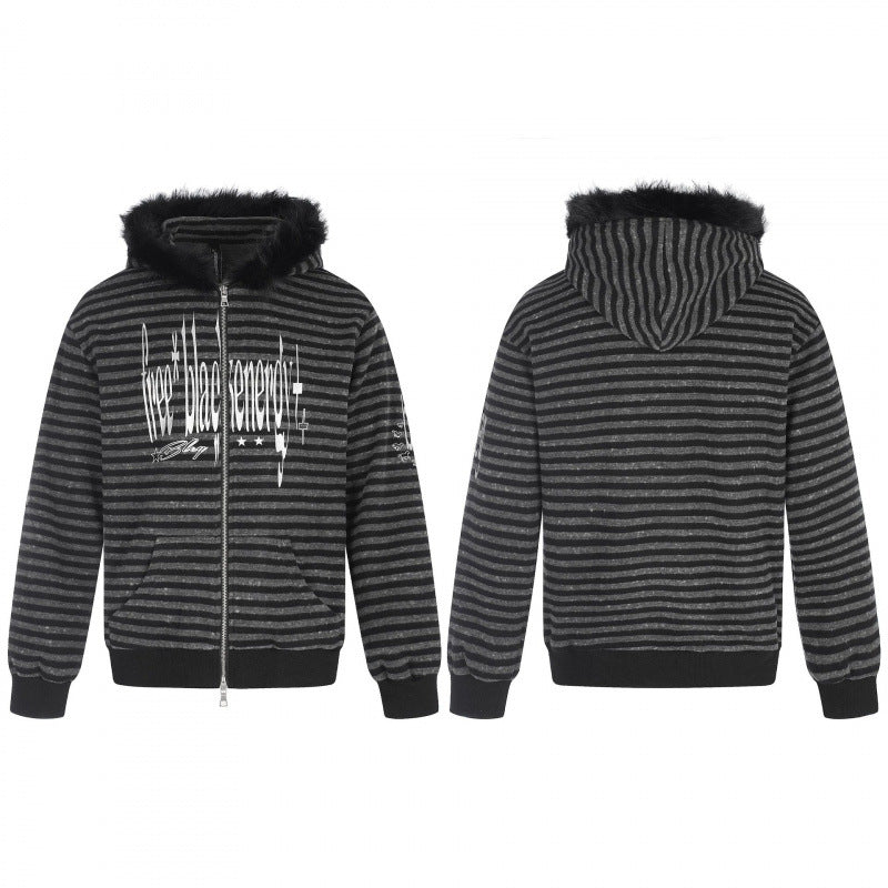 Unisex Striped Hooded Zip Jacket with Faux Fur Hood and Statement Front Print Chichicherry