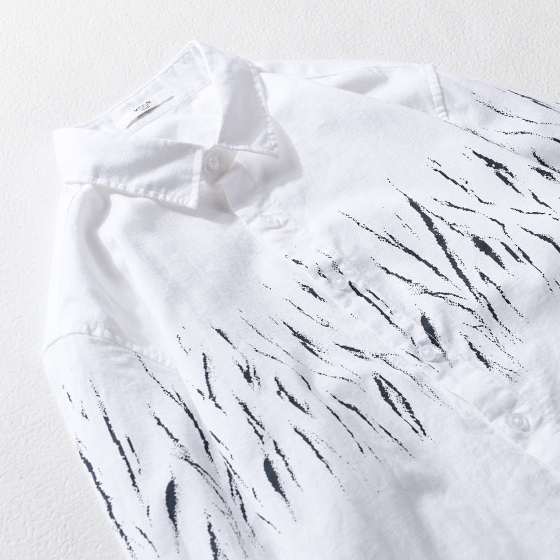 Men's Lightweight Linen-Cotton Shirt with Abstract Brush Print and Relaxed Fit Chichicherry