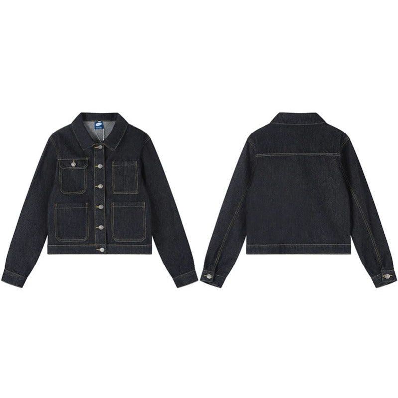 Women's Boxy Jeans Jacket with Patch Pockets and Visible Contrast Seams Chichicherry