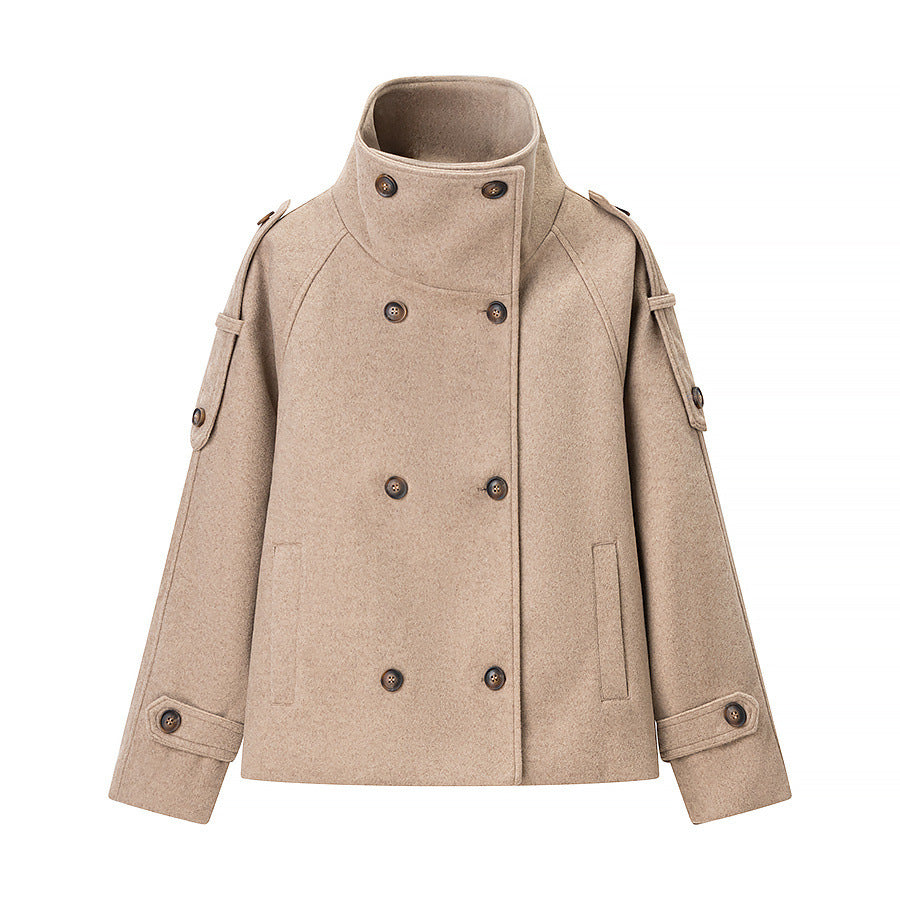 Women's Short Cut Double-Breasted Wool Blend Coat with High Standing Collar and Shoulder Straps Chichicherry