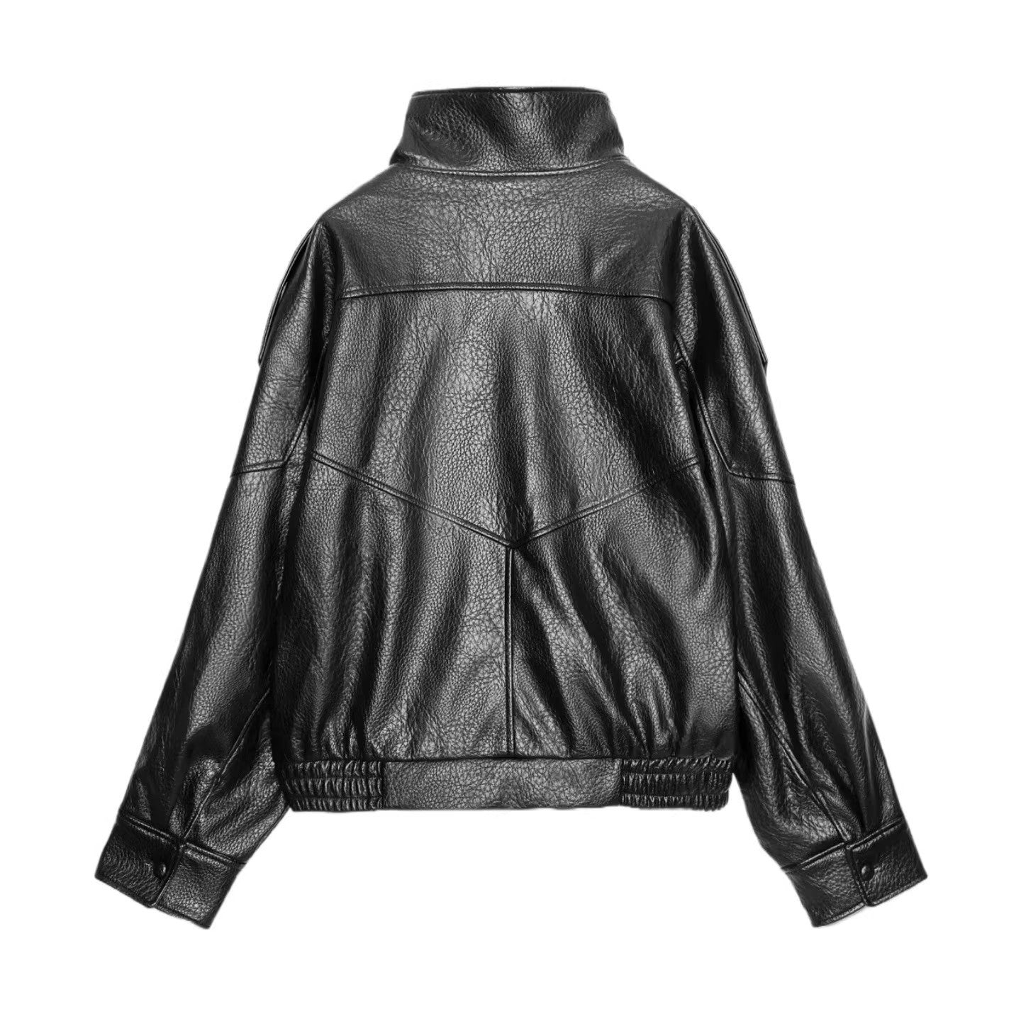Ladies leather jacket with high stand-up collar and asymmetrical snap button placket Chichicherry