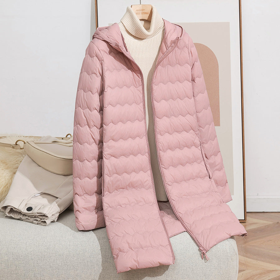 Women's Light Quilted Coat with Hood and Wavy Quilting Chichicherry