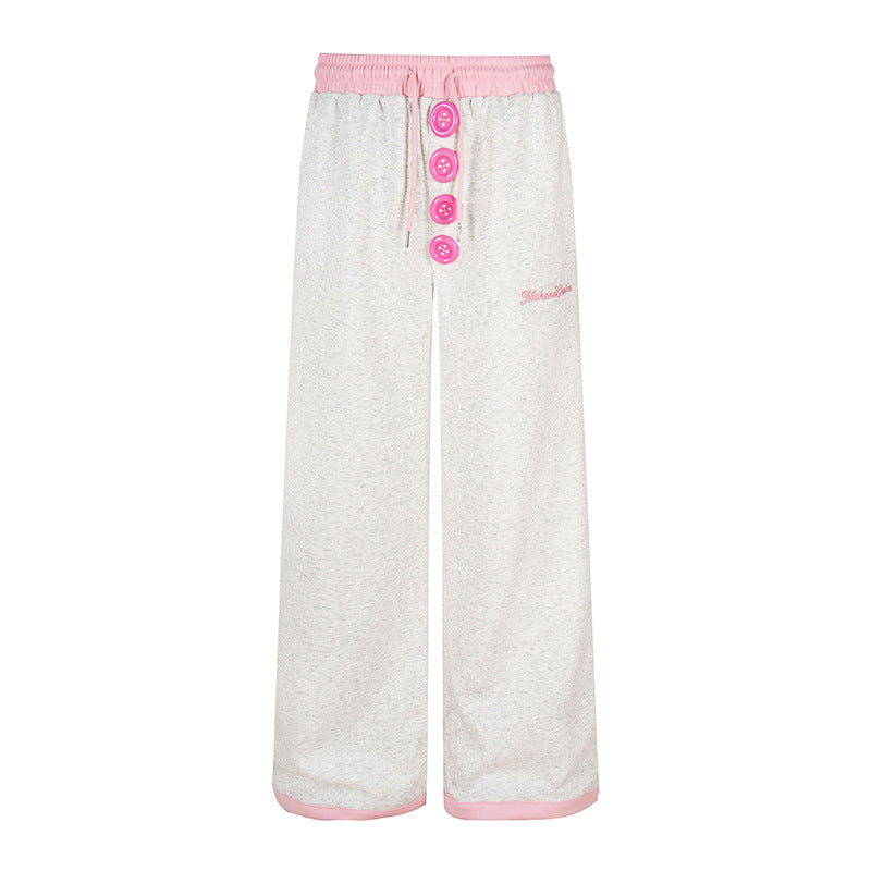 Women Wide Lounge Pants with Decorative Button Placket, High Waist and Drawstring Chichicherry