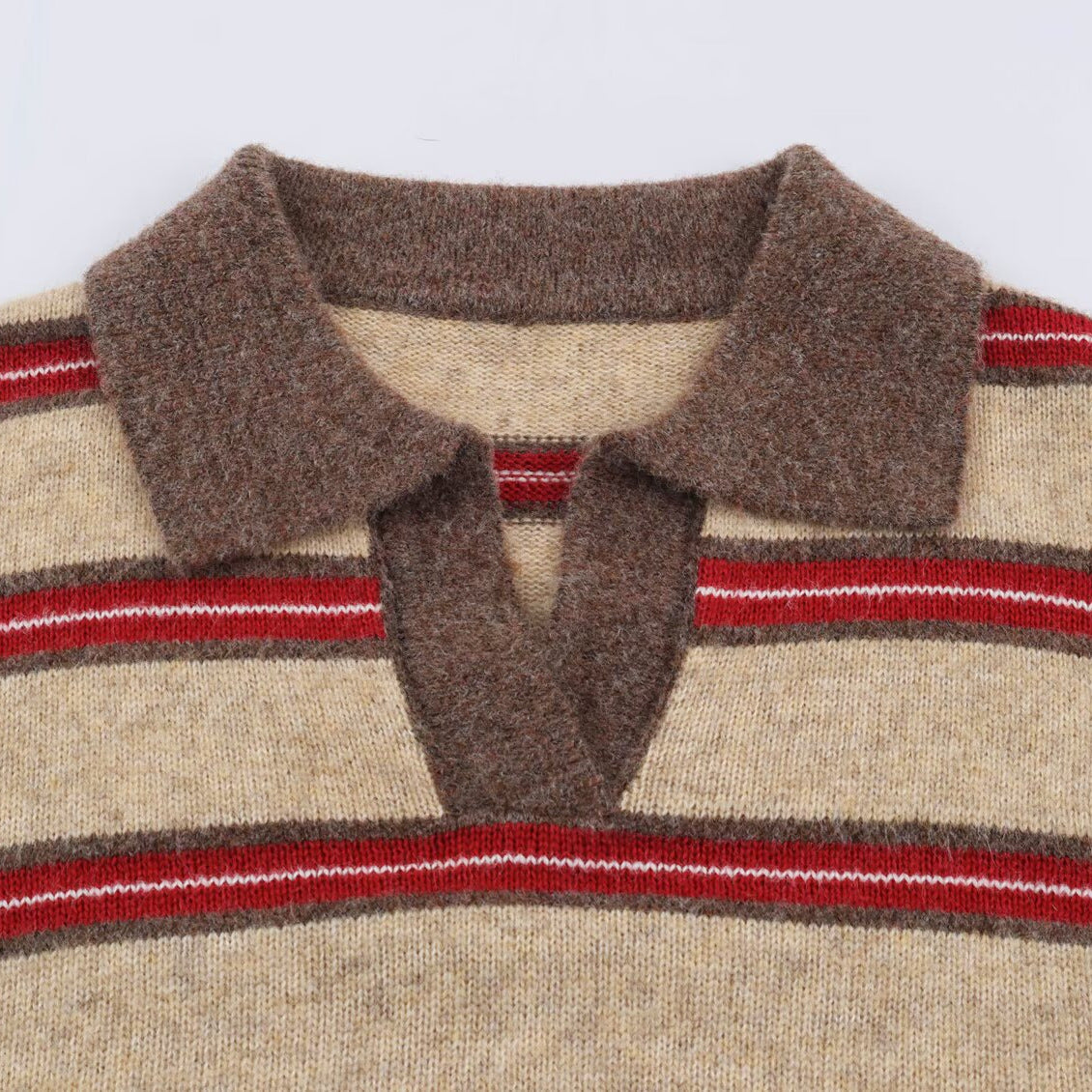 Women Striped Oversize Sweater with Polo Collar and V-Neck Chichicherry