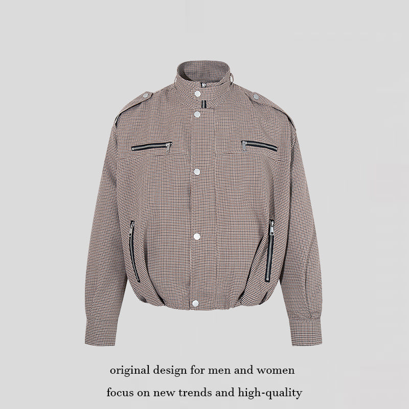 Women's Short Quilted Bomber Jacket in Houndstooth Pattern with Stand-Up Collar and Zipper Pockets Chichicherry