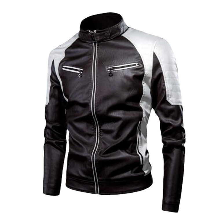Men's Slim-Fit Faux Leather Moto Jacket in Retro Racer Design with Padded Shoulder Inserts and Zipper Details Chichicherry
