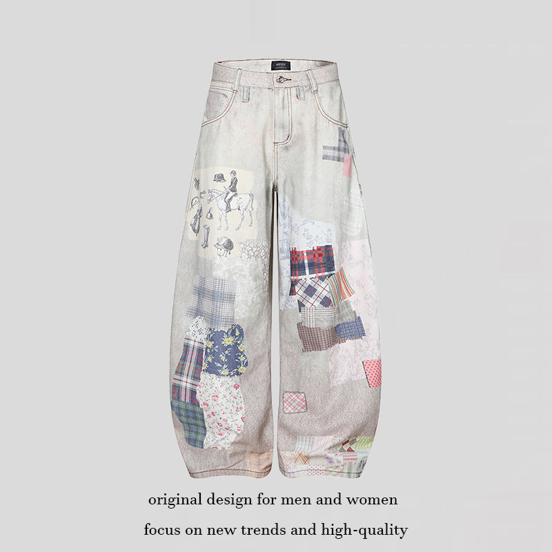 Women's Wide High-Waist Culotte Jeans with Patchwork Print and Balloon Silhouette Chichicherry