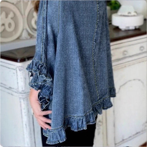 Women Oversized Jeans Kimono with Ruffle Edge and Open Fall Chichicherry