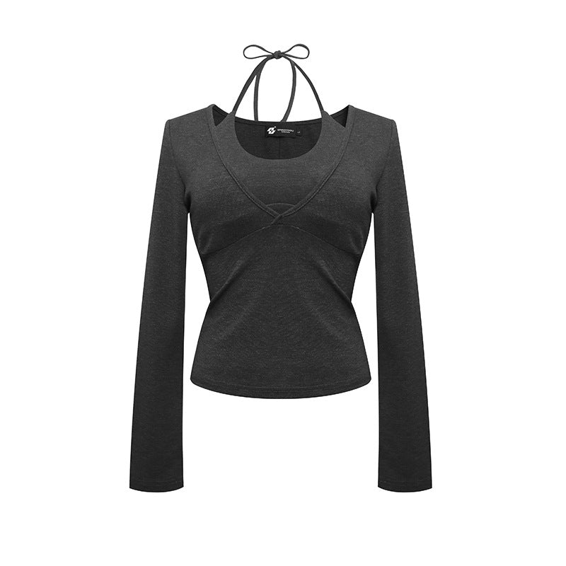 Women's long sleeve top with halter neck, wrap look and fitted cut Chichicherry