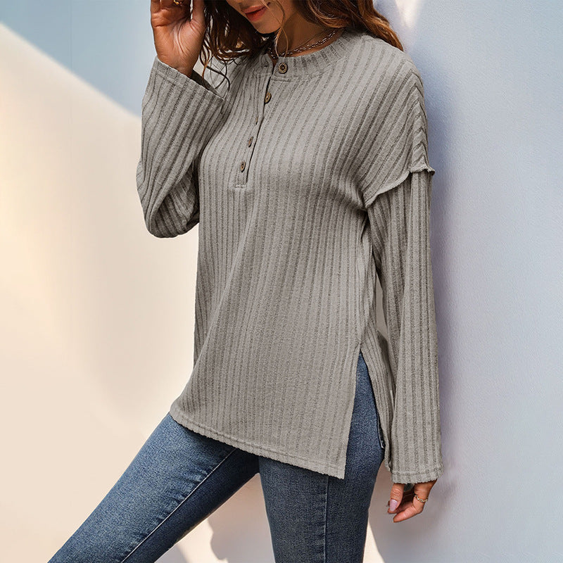 Women Ribbed Henley Sweater with Button Placket and Dropped Shoulder Chichicherry