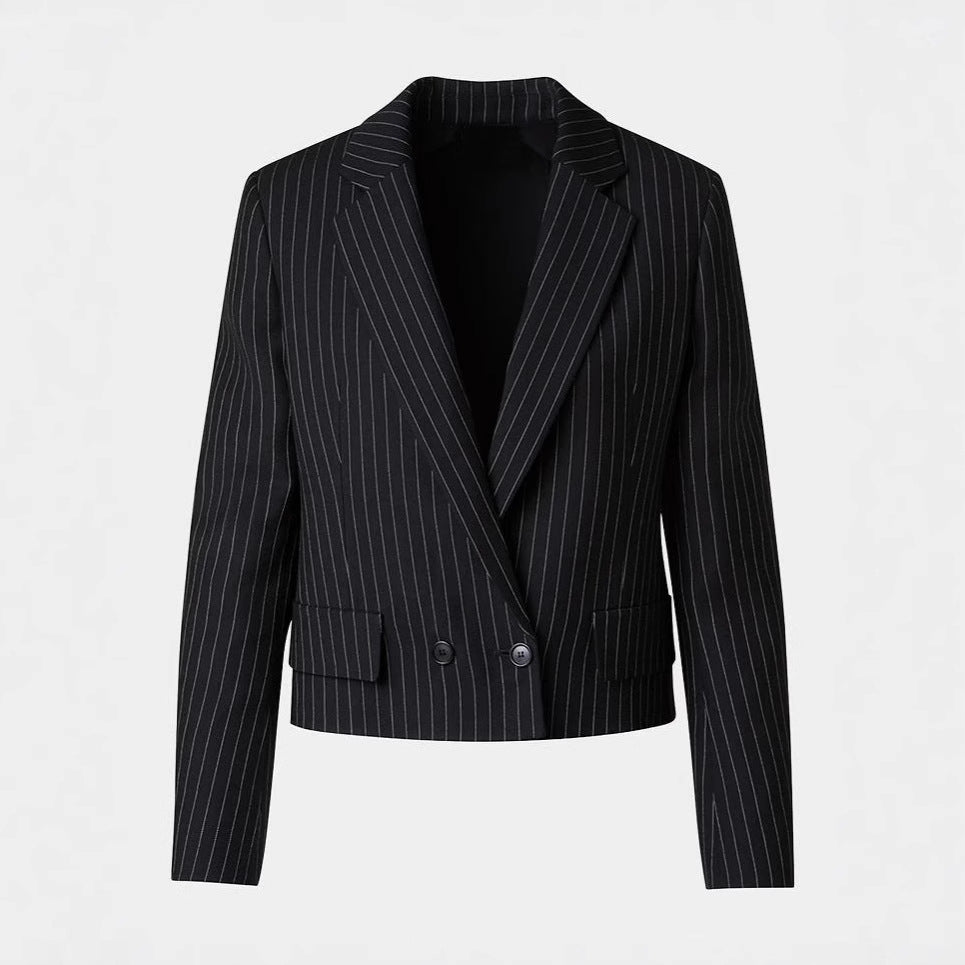 Women's Two-Piece Pinstripe Suit with Tailored Short Blazer and Wide Palazzo Pants Chichicherry