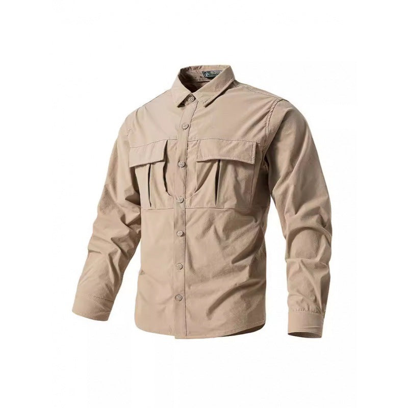 Men's Light Shirt Jacket in Utility Style with Patch Chest Pockets and Button Placket Chichicherry