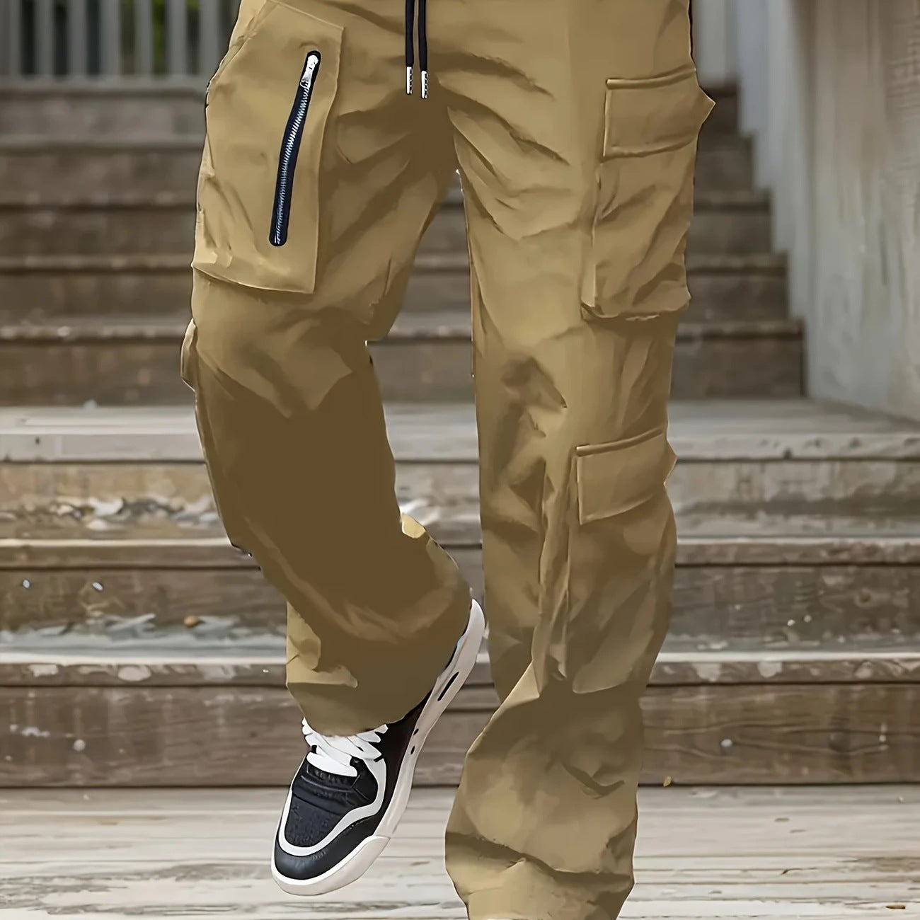 Men's Wide Cargo Jogging Pants with Multifunctional Pockets, Zipper Detail and Drawstring Waist Chichicherry