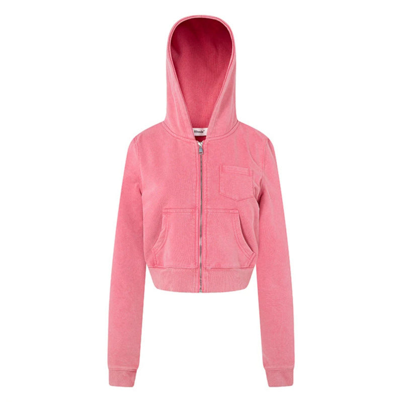 Women's cropped hooded sweatshirt jacket with full zipper in boxy cut and chest pocket Chichicherry
