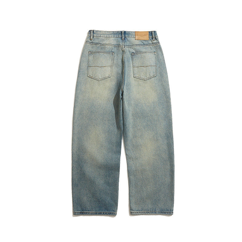 Men's Wide-Leg Denim Pants with High Waist, Vintage Wash and Five-Pocket Details Chichicherry