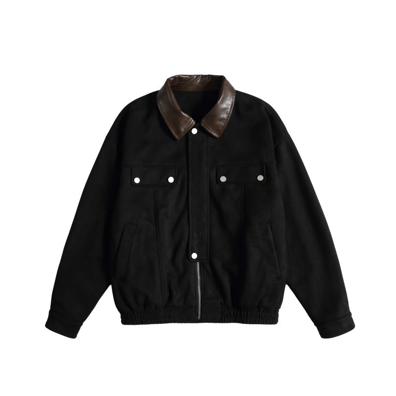 Women's short cut boxy bomber jacket with contrasting faux leather collar Chichicherry